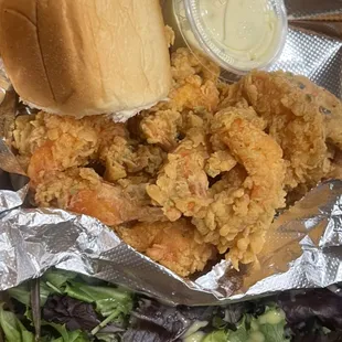 5pc. Shrimp Snack-Box w/ spring mix salad topped with Vidalia sweet onion vinaigrette and our Homemade Tartar sauce!