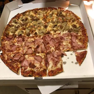 Half ham, half mushroom and sausage. Needs more sausage