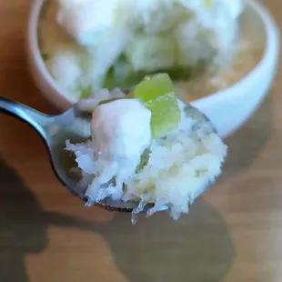 Shaved ice with melon, yogurt, melon sorbet