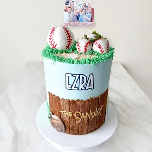 Sandlot theme birthday cake/Gender reveal cake - Gender reveal rice krispy baseball and white chocolate covered strawberry baseballs