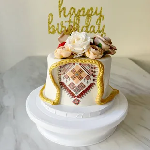 6&quot; half size cake with upgraded designs in fondant, edible image, faux floral, and acrylic topper.