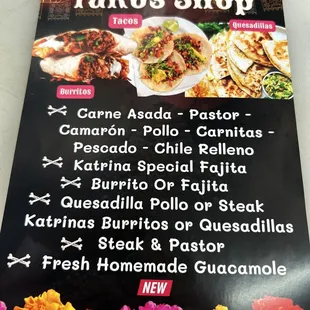 the menu for the tacos shop