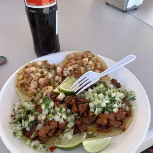 Shrimp Tacos,Pastor Tacos. Coke in a bottle!