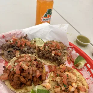 Shrimp, pastor, asada, carnitas tacos