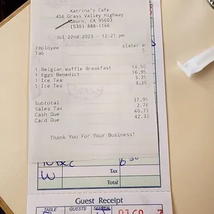 Receipt - Breakfast for two.