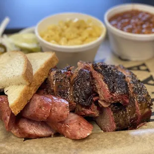 Brisket and sausage combo with beans and Mac &amp; cheese.