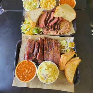 Kat&apos;s Plate, with BBQ Beans, mac &amp; cheese, coleslaw and potato salad.