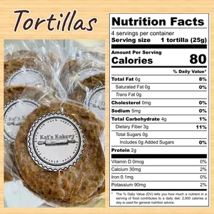 the nutritional label for the tortillas