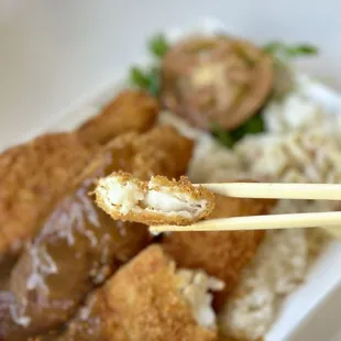The batter of the fish katsu is crispy and the inside is tender and flaky