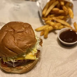 a hamburger and french fries