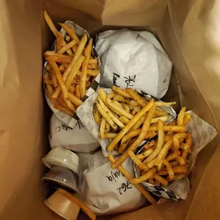 Burgers and fries to go.