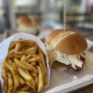 a chicken sandwich and french fries