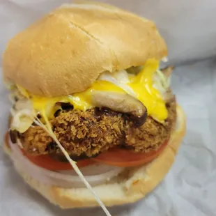 Impossible burger katsu with shitake mushrooms and American cheese