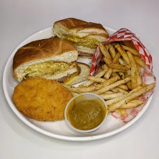 Honey Miso Tofu Burger, Nori Fries, and Potato Croquette