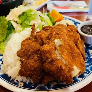 a plate of fried chicken with rice and salad