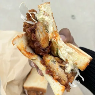 a person holding a sandwich