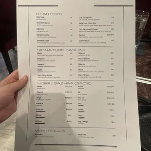 starters and sashimi menu