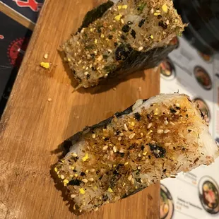 Spicy Tuna Onigiri and Salmon with Garlic Soy Butter Onigiri