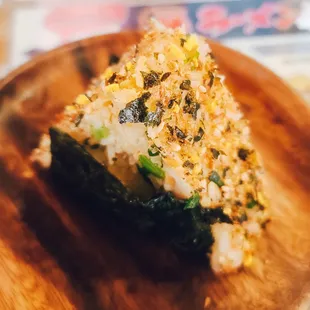 Salmon with garlic soy butter onigiri 4.5 stars