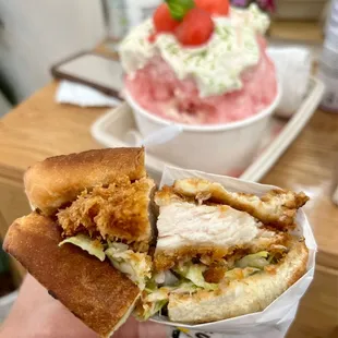 The Chicken Katsu Sando $12.95 sooo juicy, crispy and delicious! Seasonal kakigori (shaved ice) in background