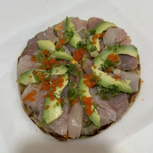 Sushi pizza with yellow tail