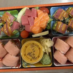 Special roll box with sashimi salad
