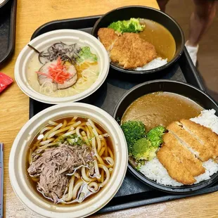 Beef udon, tonkatsu ramen and chicken cutlet curry