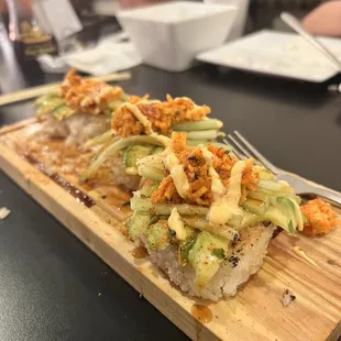 Crispy rice cakes with spicy crab