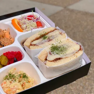 Cheese Katsu Sando, mac salad, sesame balls, salad, pickles, ginger (12/2021)