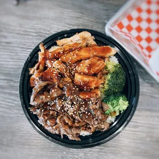 Chicken teriyaki + beef teriyaki / $9.95 (bowl)