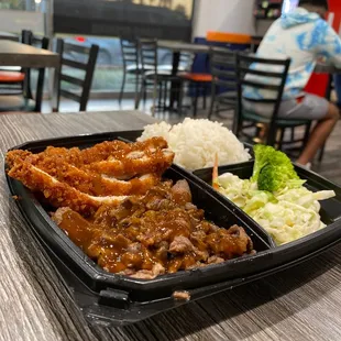 Beef teriyaki &amp; freshly breaded chicken katsu with white rice and wasabi coleslaw-
