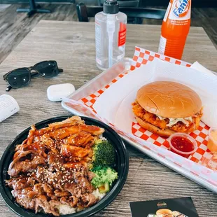 Chicken teriyaki &amp; beef teriyaki / $9.95 (bowl), Tori katsu burger (basic) / $6.95 + Fanta orange / $2.50