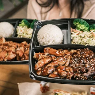 Chicken and beef teriyaki in the front, chicken katsu in the back!