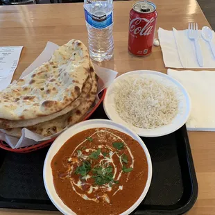 Butter Chicken, Naan, and rice.