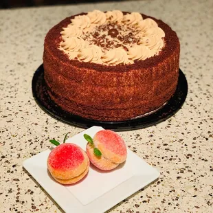 Cappuccino cake and peach dessert.