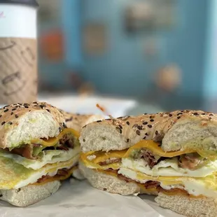 a breakfast sandwich and a cup of coffee