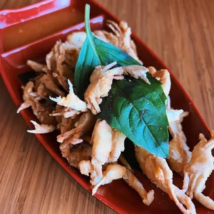 F.O.B. (boat load of baby soft-shell crab, viejun sauce, and cajun salt) for $12