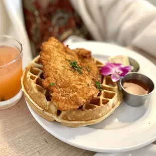 Macadamia Mac Nut Waffle with Chicken Katsu, mango sriracha syrup and a P.O.G. juice