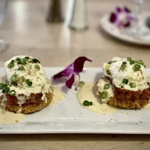 Taro Benedict - basically taro katsu with house made spam, poached eggs, sesame miso hollandaise and smoked salt, green onions.