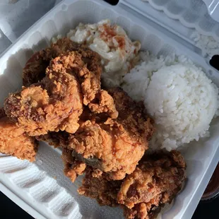 Crispy Ginger Chicken with rice and mac salad (SO good!)