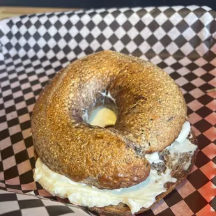 Blueberry bagel and cream cheese