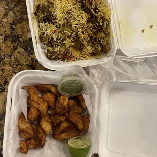 Goat biryani and fish pekoras. Delicious!!!