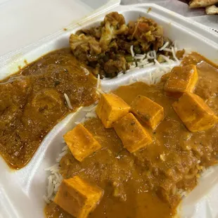 Chicken tikka masala, paneer tikka masala, and aloo Gobi with rice and naan