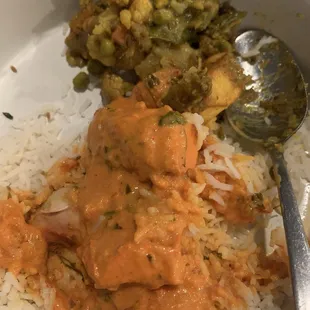 Chicken tikka masala, mixed veggies and basmati rice.