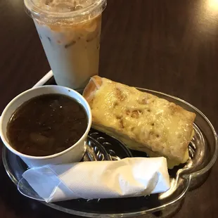 French Onion soup with cheesy bread and Iced Caramel Latte. Perfect lunch meal!