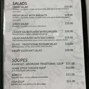 Salad and soups menu.