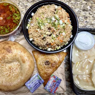 Borsch, plov, bread, samsa, and vareniki