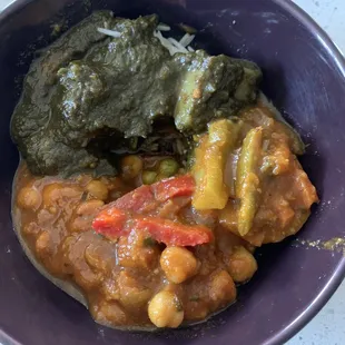 Chana Masala, Veggie Curry, and Aloo Palak in my bowl from home