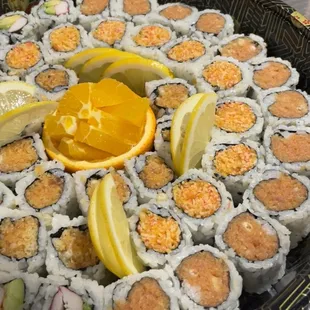 sushi party tray - spicy tuna/salmon/crab/california