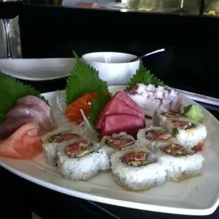 Sashimi sampler comes with a roll and soup.